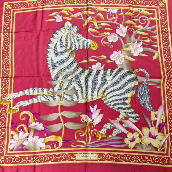 ?✨Authentic Salvatore Ferragamo Zebra Floral Pattern Silk Scarf Red